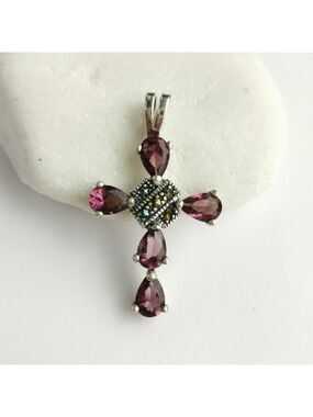 Amethyst Marcasite cross pendant in Sterling Silver